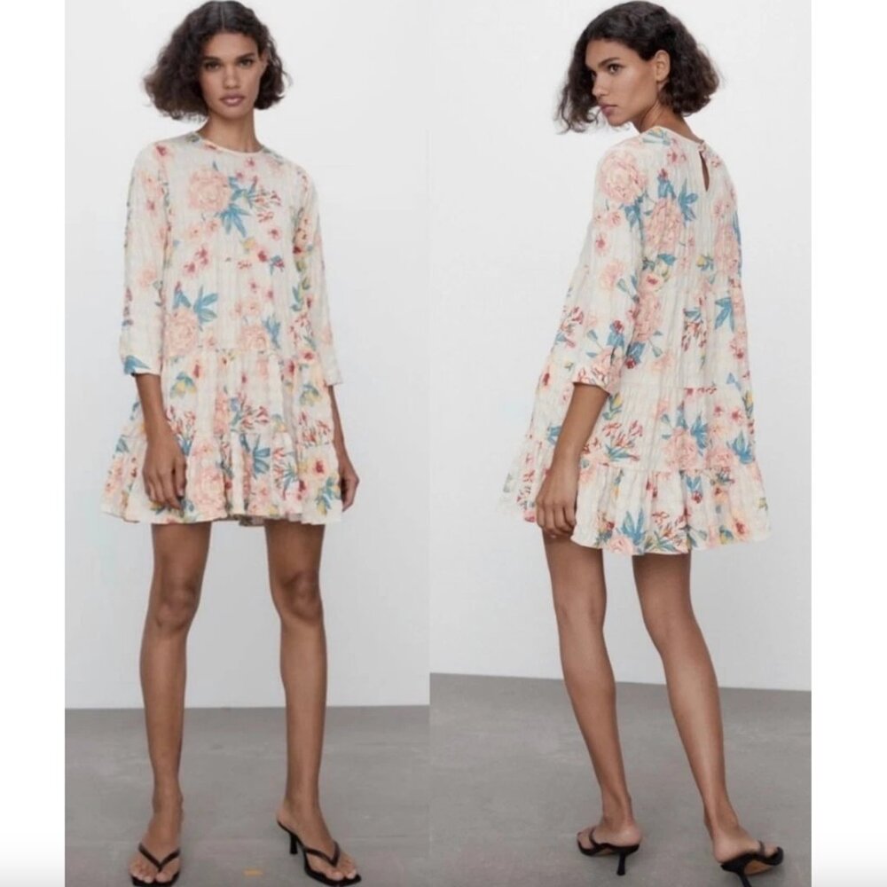 New Zara The Sharon Ecru Floral Babydoll Tiered Mini Dress Cream/Pink XS